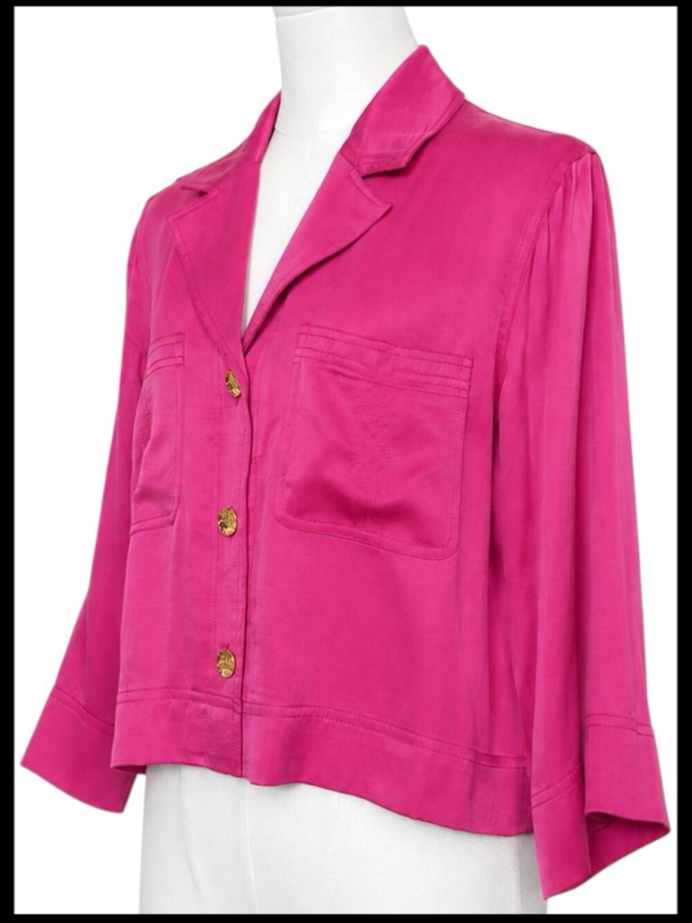 GANNI Washed Satin Crop Shirt Fuchsia Pink Blazer 36 US 4 - Picture 5 of 9